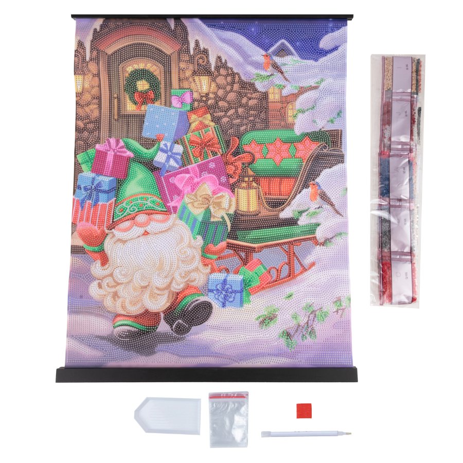 Gnome with gifts Crystal Art Scroll Kit contents