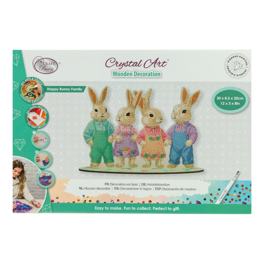 Happy Bunny Family Crystal Art Wooden Decoration
