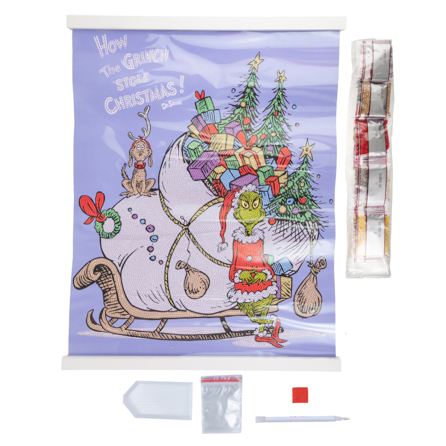 How The Grinch Stole Christmas Crystal Art Scroll Kit contents