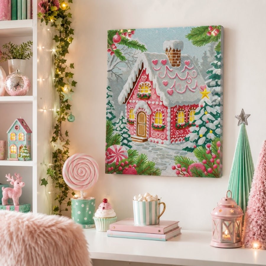 Pink Christmas Cottage Crystal Art Canvas Kit 40x50cm