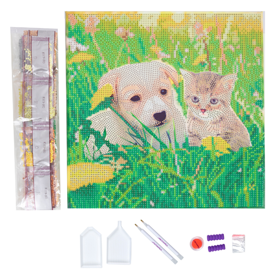 Puppy & Kitten In Dandelion Field Crystal Art Canvas Kit 30x30cm
