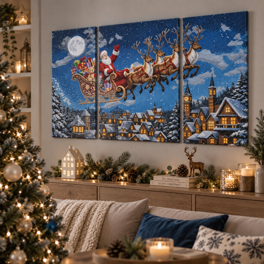 Santa's Flight Crystal Art Canvas Triptych Kit