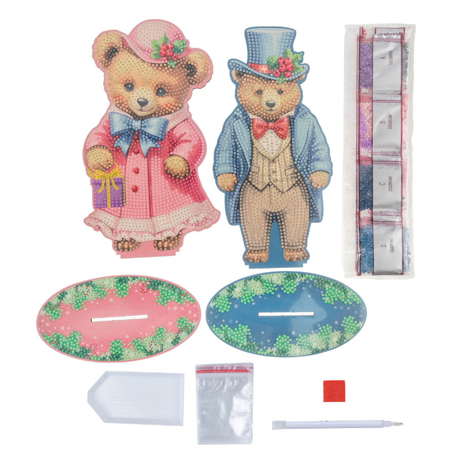 Victorian Teddy Bears Crystal Art Wooden Decoration Kit contents