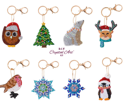 Set of 8 Crystal Art Key Rings Keychains - "Festive Collection"