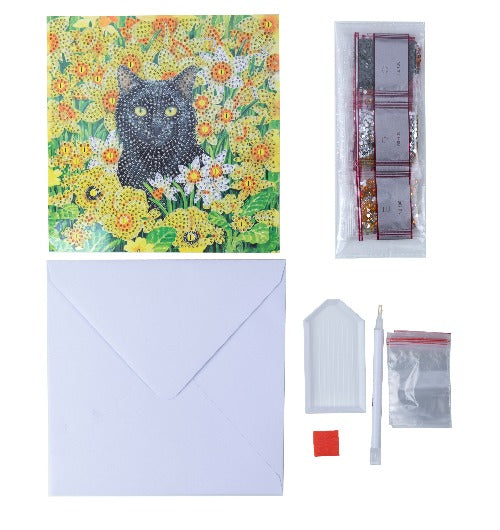 CCK-A103: "Cat Amongst the Flowers" 18x18cm Crystal Art Card